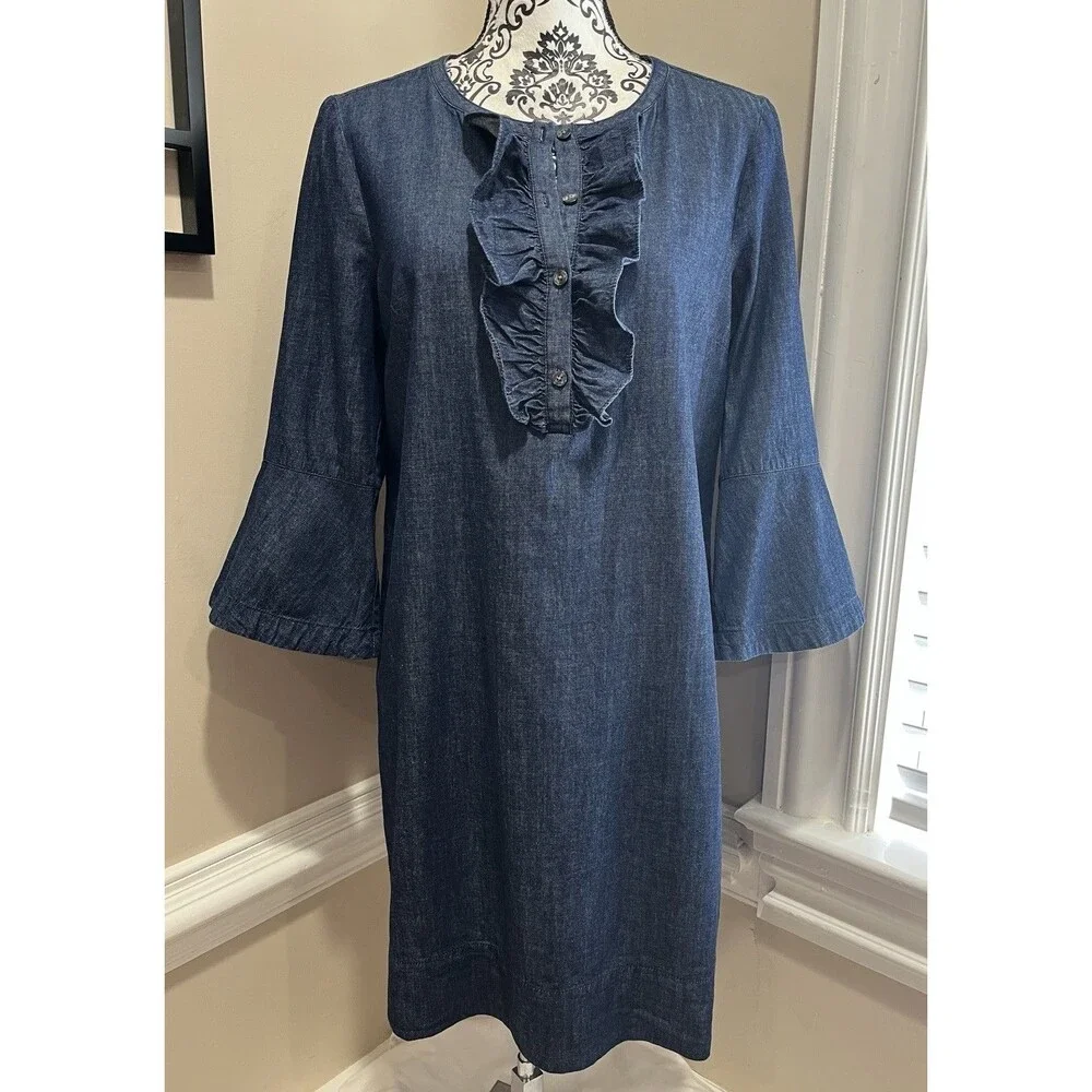 Draper James Denim Blue Chambray Ruffle Shift Dress Sz 8 Western Preppy Church - Picture 4 of 16